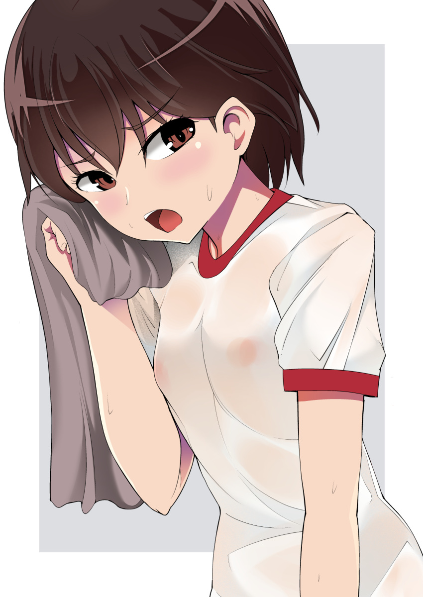 1girl bangs blush breasts brown_eyes brown_hair commentary covered_nipples drying frown girls_und_panzer glaring grey_background grey_towel gym_shirt highres holding holding_towel isobe_noriko kuku123 leaning_forward looking_at_viewer no_bra open_mouth see-through shirt short_hair short_sleeves small_breasts solo t-shirt towel upper_body white_shirt
