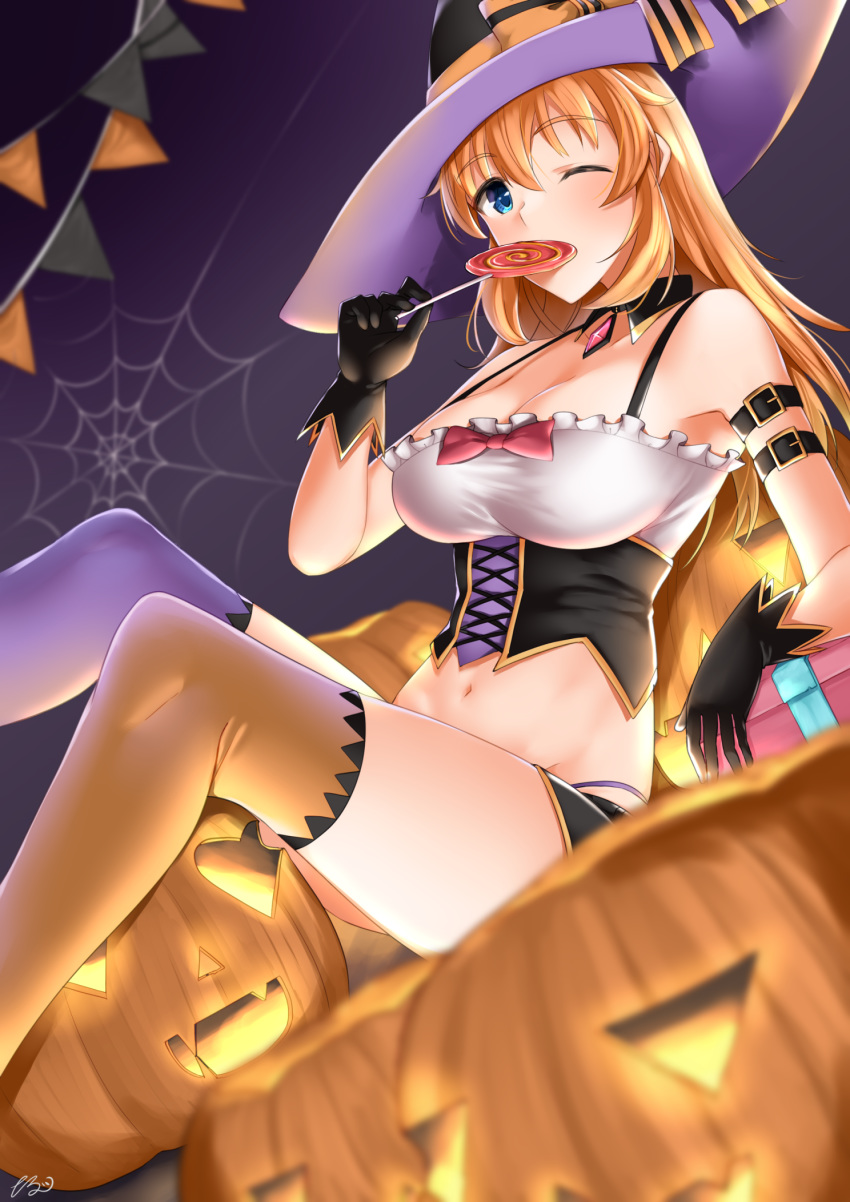 1girl black_gloves blue_eyes blush breasts brown_hair candy charlotte_e_yeager cleavage eyebrows_visible_through_hair food gloves groin halloween hat highres hiroshi_(hunter-of-kct) jack-o'-lantern large_breasts lollipop long_hair looking_at_viewer navel one_eye_closed orange_legwear pumpkin shiny shiny_hair silk sitting solo spider_web strike_witches thighhighs witch witch_hat world_witches_series