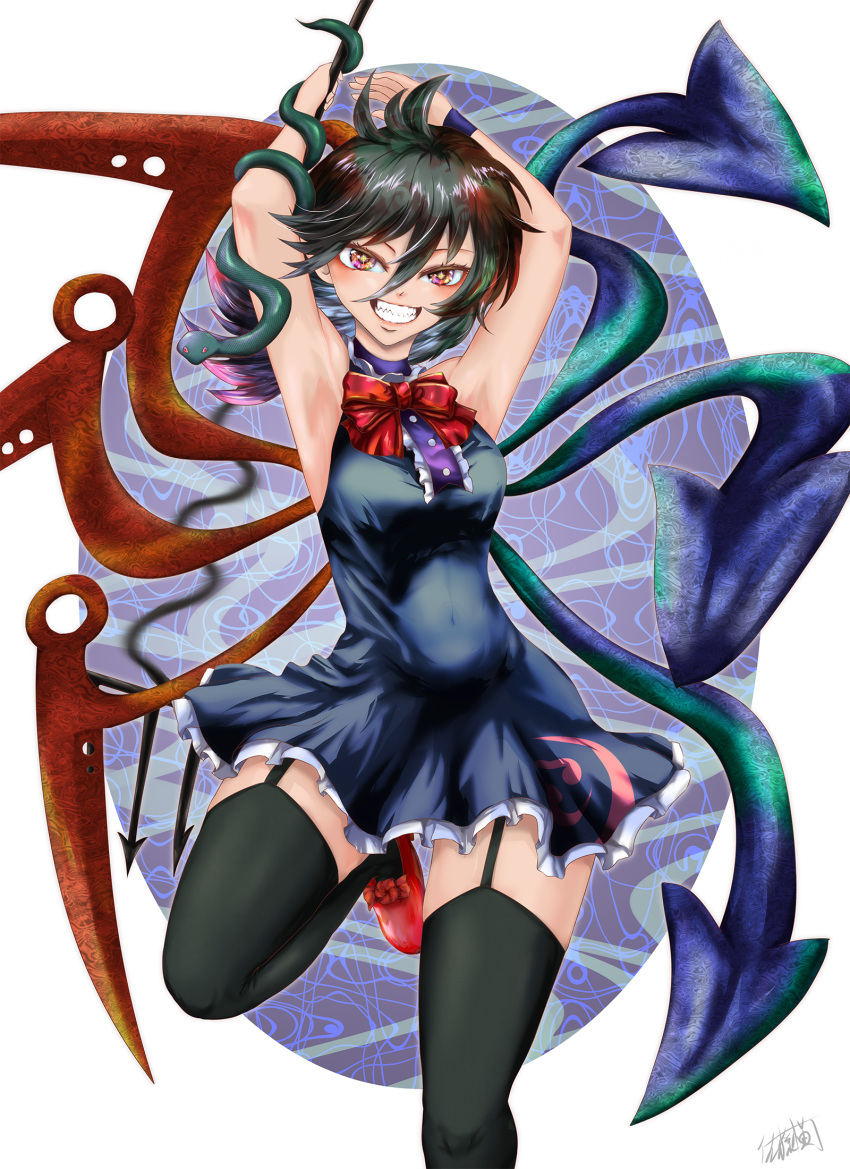 1girl arms_up asymmetrical_wings black_dress black_hair black_legwear blue_wings bow bowtie center_frills commentary_request dress footwear_bow frilled_dress frills garter_straps hair_between_eyes highres holding holding_weapon houjuu_nue looking_at_viewer medium_hair navel polearm red_bow red_bowtie red_eyes red_footwear red_wings short_dress signature sleeveless sleeveless_dress smile snake solo sparkling_eyes teeth thighhighs touhou trident weapon wings wristband yokochou