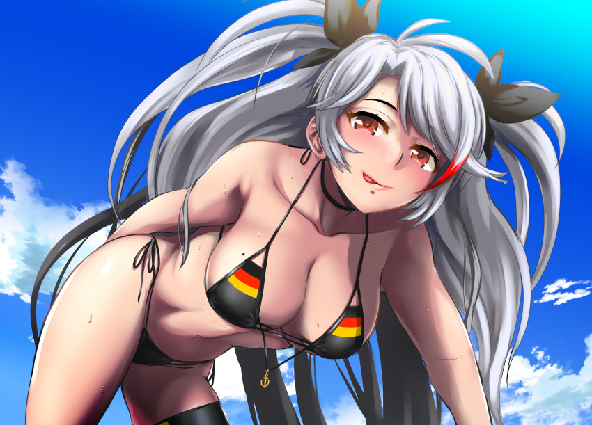 1girl :p absurdres antenna_hair arm_behind_back azur_lane bangs bare_shoulders bikini black_bikini black_choker black_ribbon blue_sky blush breasts choker cleavage cloud collarbone cowboy_shot day eyebrows_visible_through_hair flag_print german_flag german_flag_bikini groin hair_between_eyes hair_ribbon hanging_breasts highres iekuo large_breasts leaning_forward long_hair looking_at_viewer midriff mole mole_on_breast multicolored_hair navel outdoors prinz_eugen_(azur_lane) prinz_eugen_(unfading_smile)_(azur_lane) red_hair ribbon side-tie_bikini sidelocks silver_hair skindentation sky smile solo standing streaked_hair swept_bangs swimsuit thigh_strap tongue tongue_out two_side_up very_long_hair