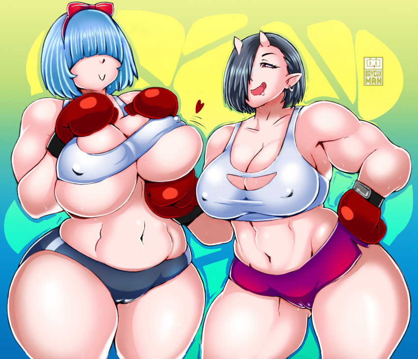 &lt;3 bayeuxman big_breasts black_hair blue_hair bodily_fluids bottomwear bow boxing_gloves breasts camel_toe cleavage clothed clothing duo ear_piercing ear_ring female female/female hair hair_over_eye hair_over_eyes hand_on_hip handwear hi_res horn horned_humanoid humanoid humanoid_pointy_ears one_eye_obstructed piercing shorts sweat tisinrei wide_hips