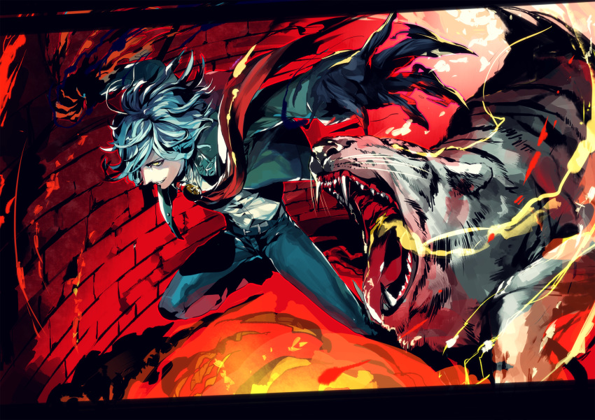 1boy animal blue_hair brick brick_wall claws clenched_hand edmond_dantes_(fate/grand_order) fate_(series) gankutsuou glowing glowing_eye grin highres male_focus nexie open_mouth parted_lips sharp_teeth smile teeth tiger tongue tongue_out white_tiger