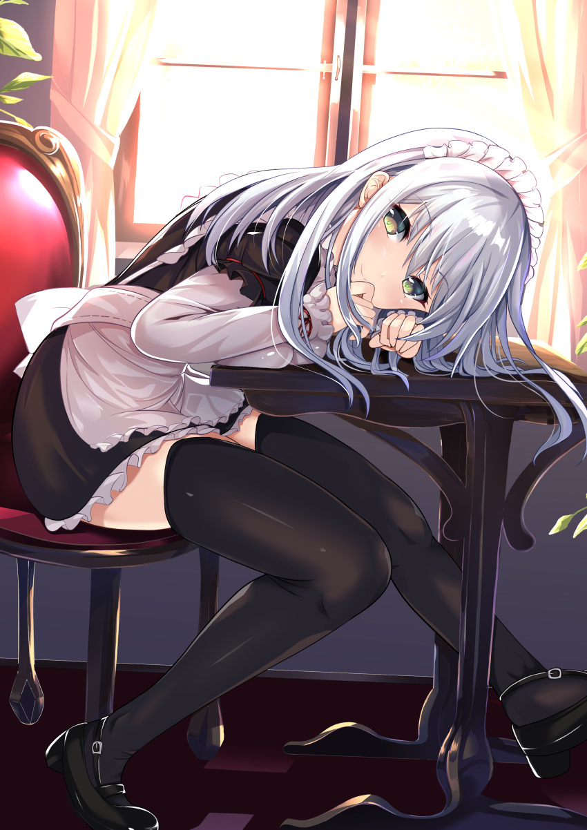 1girl absurdres apron black_legwear breasts chair commentary_request day eyebrows_visible_through_hair hair_between_eyes highres long_hair long_sleeves looking_at_viewer maid maid_apron maid_headdress original plant shoes silver_hair sitting smile sumisuzu table thighhighs window