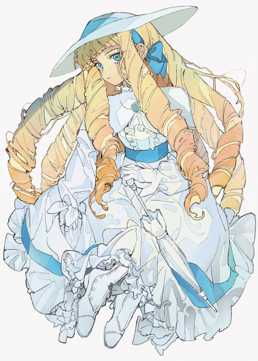 1girl absurdres big_hair blonde_hair blue_eyes boots daruma_owl dress drill_hair frills full_body gloves grey_background gundam hair_ribbon hat highres kihel_heim long_hair looking_at_viewer parasol petticoat ribbon simple_background solo turn_a_gundam umbrella very_long_hair