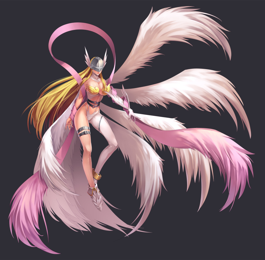1girl absurdres angel_wings angewomon asymmetrical_clothes asymmetrical_legwear bare_shoulders belt black_background black_belt blonde_hair breasts chinese_commentary cleavage clothing_cutout collarbone commentary_request covered_eyes digimon elbow_gloves floating full_body gloves groin head_wings helmet highres holy_ring large_breasts leg_belt lips long_hair mismatched_footwear multiple_wings navel navel_cutout pink_ribbon ribbon shinkaui sidelocks simple_background single_elbow_glove skindentation smile solo thigh_strap white_footwear white_gloves white_legwear wings wrist_wings