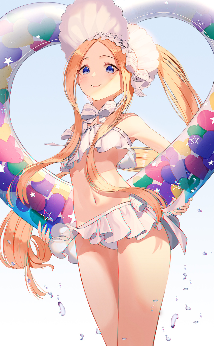 1girl abigail_williams_(fate/grand_order) abigail_williams_(swimsuit_foreigner)_(fate) bangs bare_shoulders bikini blonde_hair blue_eyes bonnet bow breasts daimi_94 fate/grand_order fate_(series) forehead gradient gradient_background hair_bow highres innertube long_hair looking_at_viewer miniskirt navel parted_bangs sidelocks skirt small_breasts smile swimsuit thighs twintails very_long_hair water_drop white_bikini white_bow white_headwear