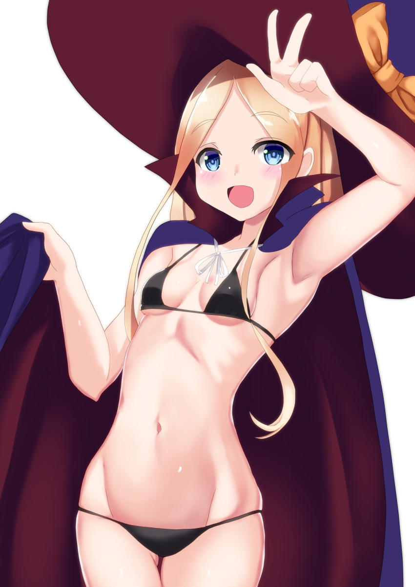 1girl abigail_williams_(fate/grand_order) bangs bikini black_bikini black_bow blonde_hair blue_cape blue_eyes blue_headwear blush bow breasts cape fate/grand_order fate_(series) forehead hair_bow halloween_costume hat highres long_hair looking_at_viewer multicolored multicolored_cape multicolored_clothes multiple_bows navel open_mouth orange_bow parted_bangs popped_collar red_cape shinonome_harutoro sidelocks simple_background small_breasts smile swimsuit white_background witch_hat