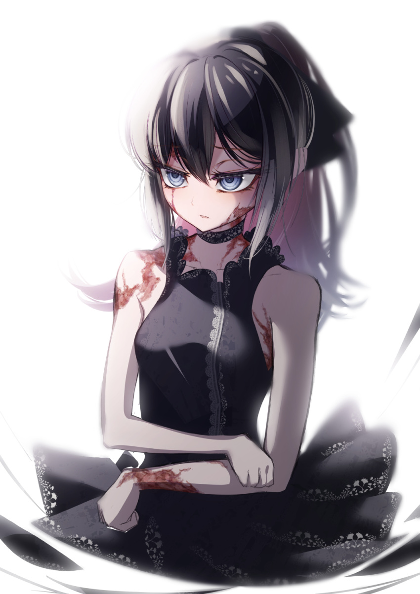 1girl bangs bare_shoulders black_choker black_dress black_hair black_ribbon blue_eyes breasts burn_scar choker cluseller commentary_request dorei_to_no_seikatsu_~teaching_feeling~ dress eyebrows_visible_through_hair hair_ribbon half-closed_eyes highres long_hair muted_color open_mouth ponytail ribbon scar shiny shiny_hair simple_background sleeveless sleeveless_dress small_breasts solo standing sylvie_(dorei_to_no_seikatsu) tied_hair white_background