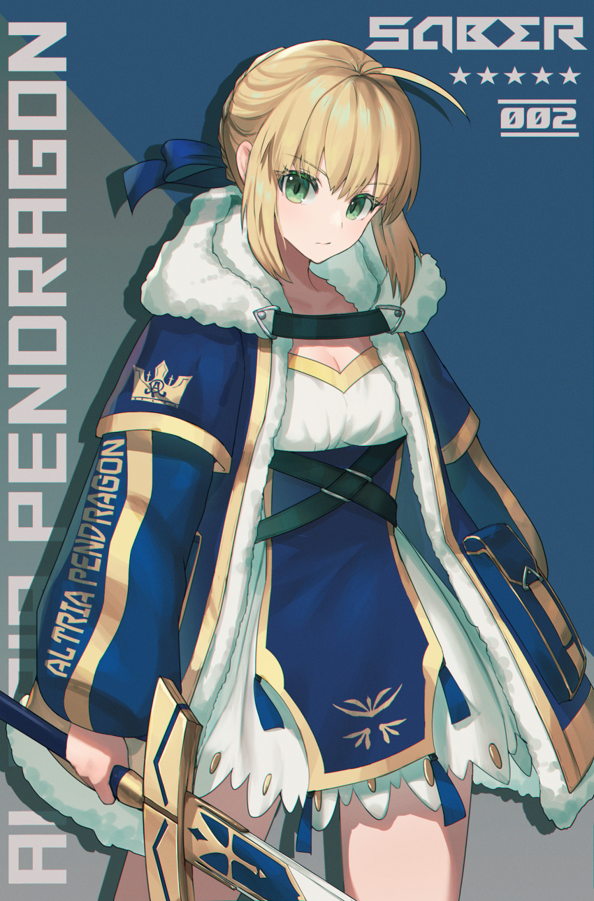 1girl ahoge alternate_costume artoria_pendragon_(all) bangs black_dress blonde_hair blue_background blue_dress blue_jacket blue_ribbon braid breasts character_name cleavage closed_mouth collarbone commentary_request cowboy_shot dolce_(dolsuke) dress excalibur fate/stay_night fate_(series) fur-trimmed_jacket fur_trim green_eyes greyscale hair_ribbon head_tilt highres holding holding_sword holding_weapon jacket long_sleeves looking_at_viewer medium_breasts monochrome open_clothes open_jacket ribbon saber short_hair short_over_long_sleeves short_sleeves sidelocks solo standing star_(symbol) sword two-tone_background weapon