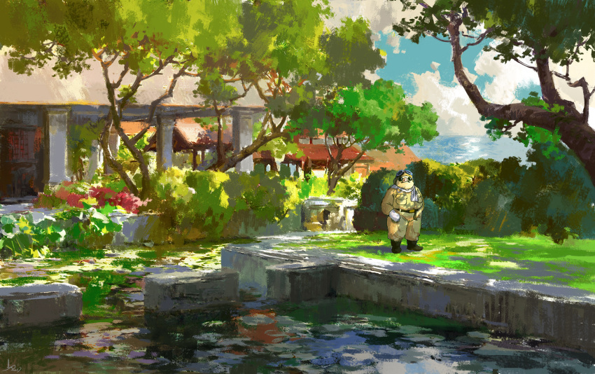blue_sky boots brown_footwear day facial_hair gloves goggles goggles_on_head highres house jumpsuit kurenai_no_buta ling_xiang long_sleeves looking_at_viewer mustache outdoors pig pool porco_rosso_(character) scenery sky standing tree white_gloves