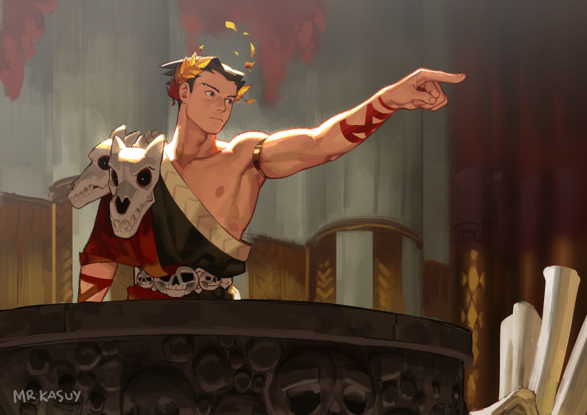 1boy bare_chest black_hair chest collar collarbone cosplay greek_clothes gyakuten_saiban hades_(game) highres laurel_crown male_focus mr_kasuy muscle naruhodou_ryuuichi nipples objection short_hair single_bare_shoulder skull spiked_hair zagreus_(hades) zagreus_(hades)_(cosplay)