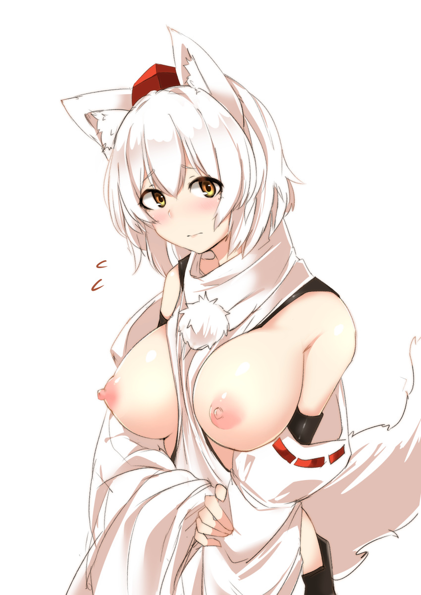 1girl absurdres animal_ears bare_shoulders blush breasts breasts_outside closed_mouth eyebrows_visible_through_hair hat highres houkai_(collapse_illust) inubashiri_momiji large_breasts looking_at_viewer nipples no_bra puffy_nipples red_headwear shiny shiny_hair shiny_skin short_hair simple_background solo sweatdrop tail touhou upper_body white_background white_hair wolf_ears wolf_girl wolf_tail yellow_eyes