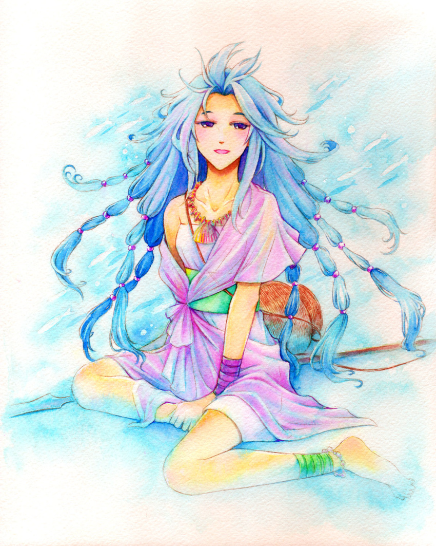 1girl ankle_wrap anklet barefoot beads blue_hair dress hands_on_feet highres jewelry long_hair multiple_tails necklace off_shoulder romancing_saga_2 romancing_saga_re;universe saga short_dress sitting smile tail traditional_media very_long_hair watercolor_(medium) wrist_wrap yuzology