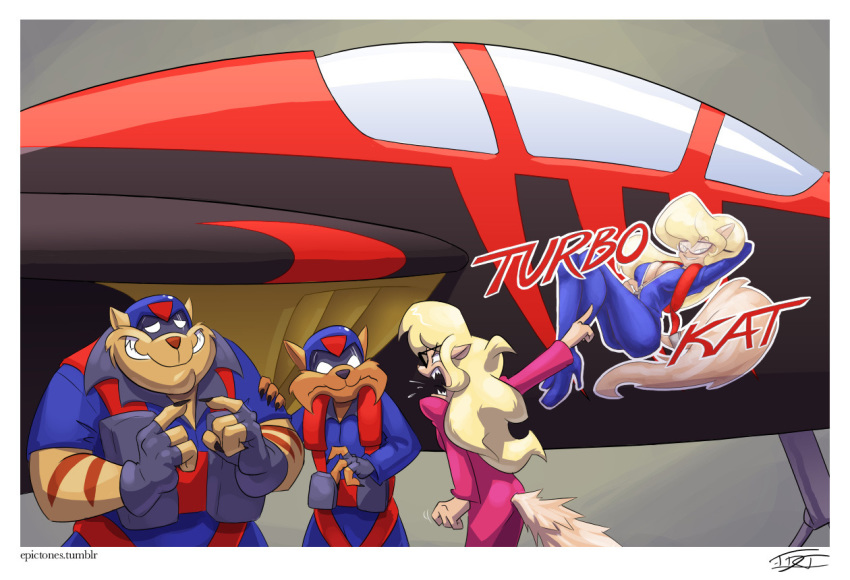 aircraft airplane angry anthro callie_briggs chance_furlong clothed clothing female group hanna-barbera hardtones jake_clawson jet male nervous nose_art pinup pose scared swat_kats turbokat