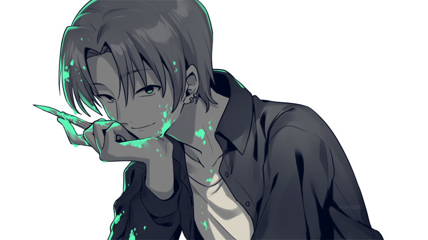 1boy bangs blood blood_on_face bloody_clothes bloody_hair bloody_hands buttons chin_rest closed_mouth collarbone collared_jacket ear_piercing eyebrows_visible_through_hair fate/zero fate_(series) green_eyes grey_background greyscale hand_on_own_face hand_up highres holding jacket looking_at_viewer male_focus monochrome parted_bangs piercing sayshownen shirt short_hair smile solo spot_color twitter_username upper_body uryuu_ryuunosuke watermark