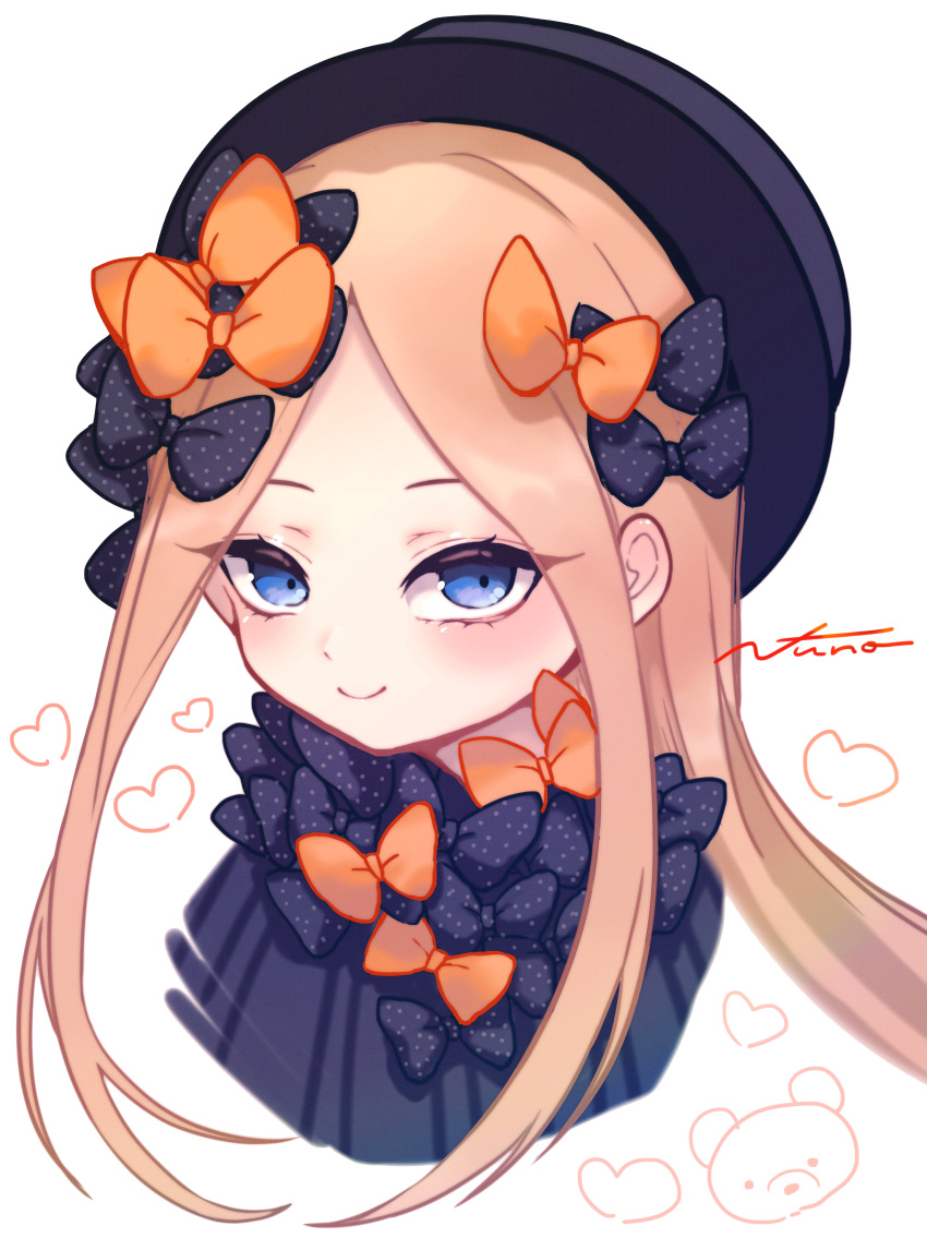 1girl abigail_williams_(fate/grand_order) absurdres bangs black_bow black_dress black_headwear blonde_hair blue_eyes blush bow breasts dress fate/grand_order fate_(series) forehead hair_bow hat highres huge_filesize long_hair looking_at_viewer multiple_bows orange_bow parted_bangs polka_dot polka_dot_bow ribbed_dress signature simple_background sleeves_past_fingers sleeves_past_wrists small_breasts smile white_background yukinuno_jelly