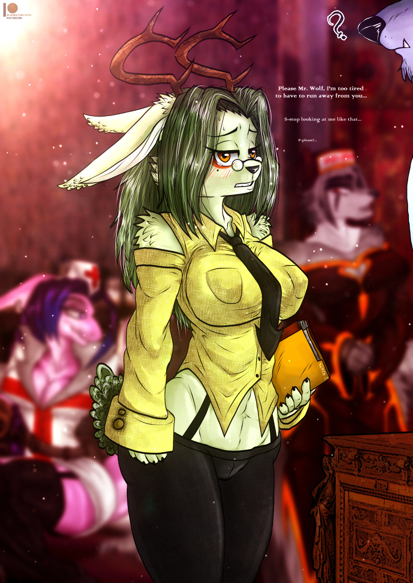 absurd_res anthro big_breasts bluewolfartista breasts eyewear female fur glasses green_body green_fur green_hair group hair hi_res horn jackalope lagomorph leporid long_ears male male/female mammal orange_eyes rabbit solo text