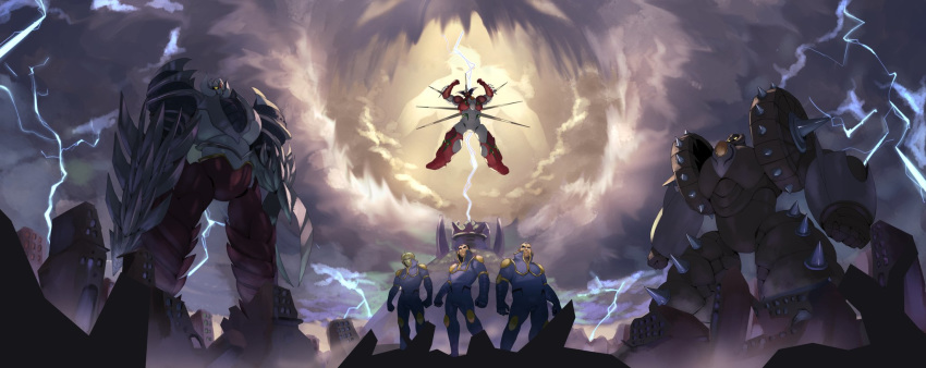 3boys city cloud cloudy_sky drill getter_arc getter_khan getter_kirik getter_robo getter_robo_arc highres lightning mecha multiple_boys nagare_takuma pilot_suit pincers shou_kamui sky spikes super_robot vldhomecenter yamagishi_baku