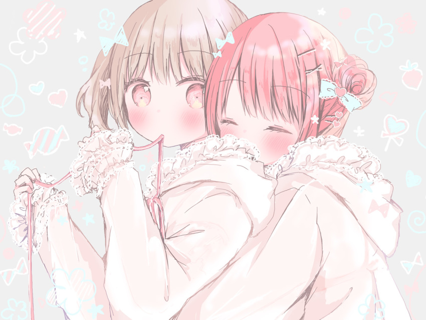 2girls bangs blush closed_eyes eyebrows_visible_through_hair hair_bun hair_ornament hairclip hood hooded_jacket hug hug_from_behind jacket kasuga_sunao lace_trim light_brown_hair mouth_hold multiple_girls original pink_jacket red_eyes red_hair red_ribbon ribbon twintails upper_body