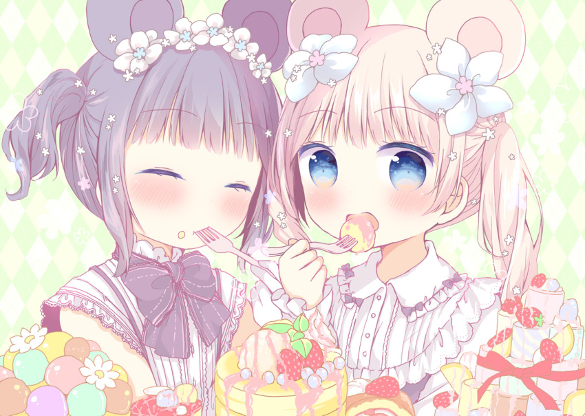 2girls animal_ears argyle argyle_background bangs black_hair blonde_hair blouse blue_bow blue_eyes blue_neckwear blush bow bowtie cake closed_eyes collared_blouse crumbs eating extra_ears eyebrows_visible_through_hair flower food fork fruit gloves hair_flower hair_ornament ice_cream kasuga_sunao mouse_ears multiple_girls original pancake red_bow red_ribbon ribbon short_hair sleeveless_blouse strawberry twintails white_gloves wrist_cuffs