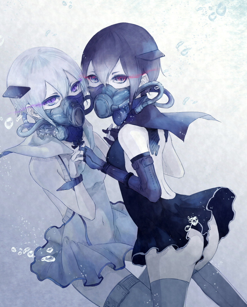 2girls absurdres abyssal_twin_princess_(black) abyssal_twin_princess_(white) black_hair breasts c_aracr covered_navel glowing glowing_eyes highres holding_hands huge_filesize kantai_collection looking_at_viewer multiple_girls purple_eyes red_eyes small_breasts thighhighs white_hair