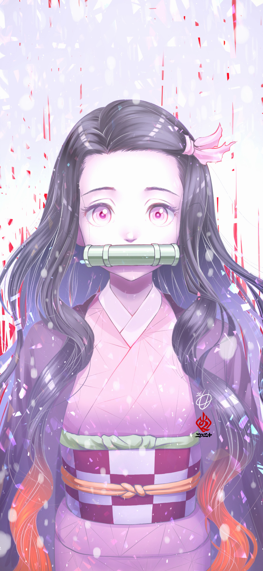 1girl absurdres amaguchi_chiyoko bit_gag black_hair checkered gag gradient_hair hair_ribbon haori highres japanese_clothes kamado_nezuko kimetsu_no_yaiba kimono long_hair looking_at_viewer multicolored_hair obi orange_hair pink_eyes pink_kimono pink_ribbon print_kimono ribbon sash shiny shiny_hair solo standing very_long_hair