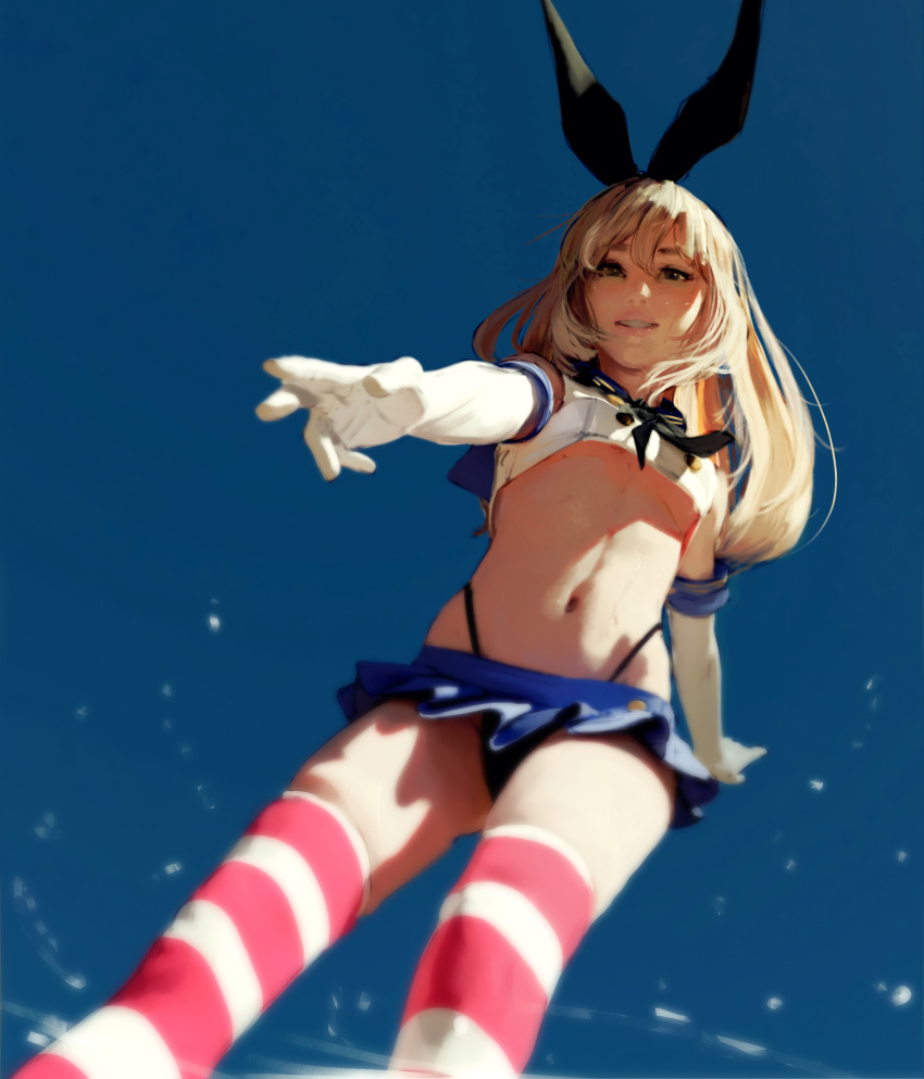 absurdres black_eyes blonde_hair bow breasts diathorn elbow_gloves from_below gloves hair_bow highres kantai_collection looking_down midriff miniskirt navel no_bra outstretched_arm pleated_skirt sailor_collar shimakaze_(kantai_collection) skirt smile striped striped_legwear thighhighs thong underboob zettai_ryouiki