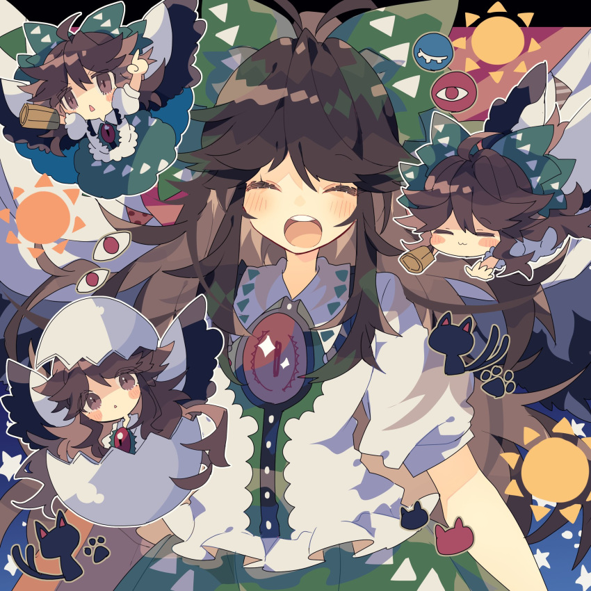 2girls arms_up black_wings blush bow brown_eyes brown_hair cape chibi closed_eyes commentary_request control_rod egg eggshell eggshell_hat eyes feathered_wings green_bow green_skirt hair_bow hatching highres kaenbyou_rin kaenbyou_rin_(cat) long_hair multiple_girls multiple_tails multiple_views nikorashi-ka open_mouth outstretched_arms paw_print puffy_short_sleeves puffy_sleeves reiuji_utsuho shirt short_sleeves skirt smile star_(symbol) star_print sun_(symbol) tail third_eye touhou triangle_mouth two_tails white_cape white_shirt wings