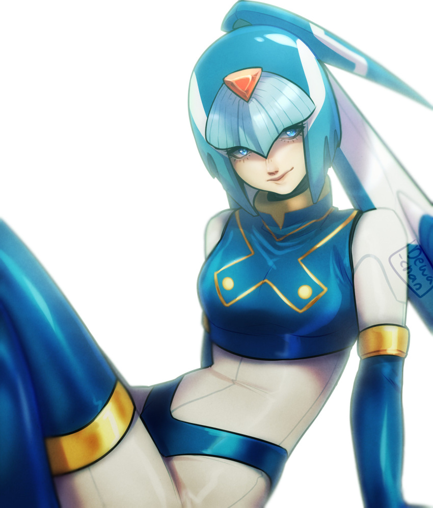 1girl absurdres android blue_eyes blue_hair bodysuit boots breasts dew_borb elbow_gloves gloves helmet highres leviathan_(rockman) looking_at_viewer robot rockman rockman_zero simple_background sitting smile solo thigh_boots thighhighs white_background