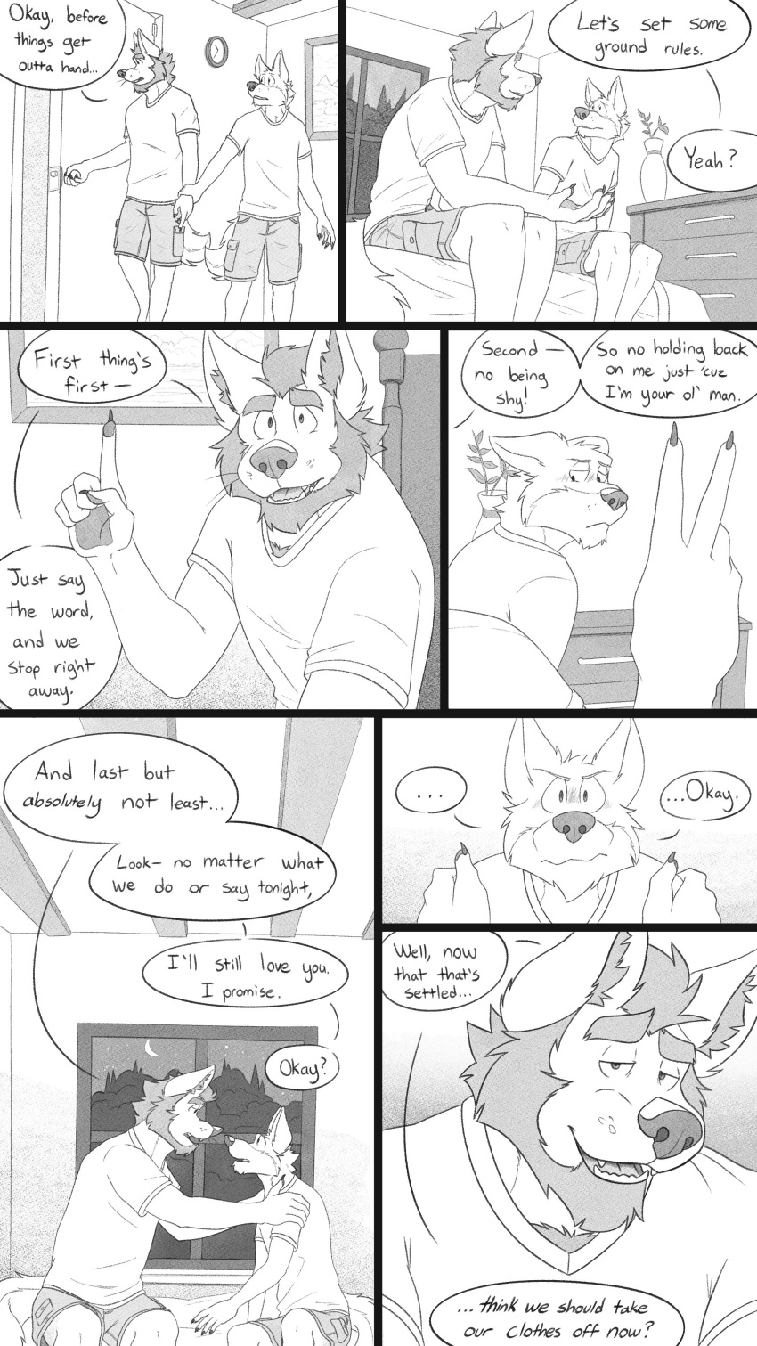 2020 4k 9:16 absurd_res anthro beard bedroom blush body_hair canid canine canis chest_hair cliff_(unpopularwolf) close-up comic dialogue digital_media_(artwork) duo ears_back ears_down elliot_(unpopularwolf) english_text facial_hair fangs father father_and_child father_and_son hand_on_shoulder hi_res male mammal monochrome night parent parent_and_child pivoted_ears sitting son text unpopularwolf whiskers wolf