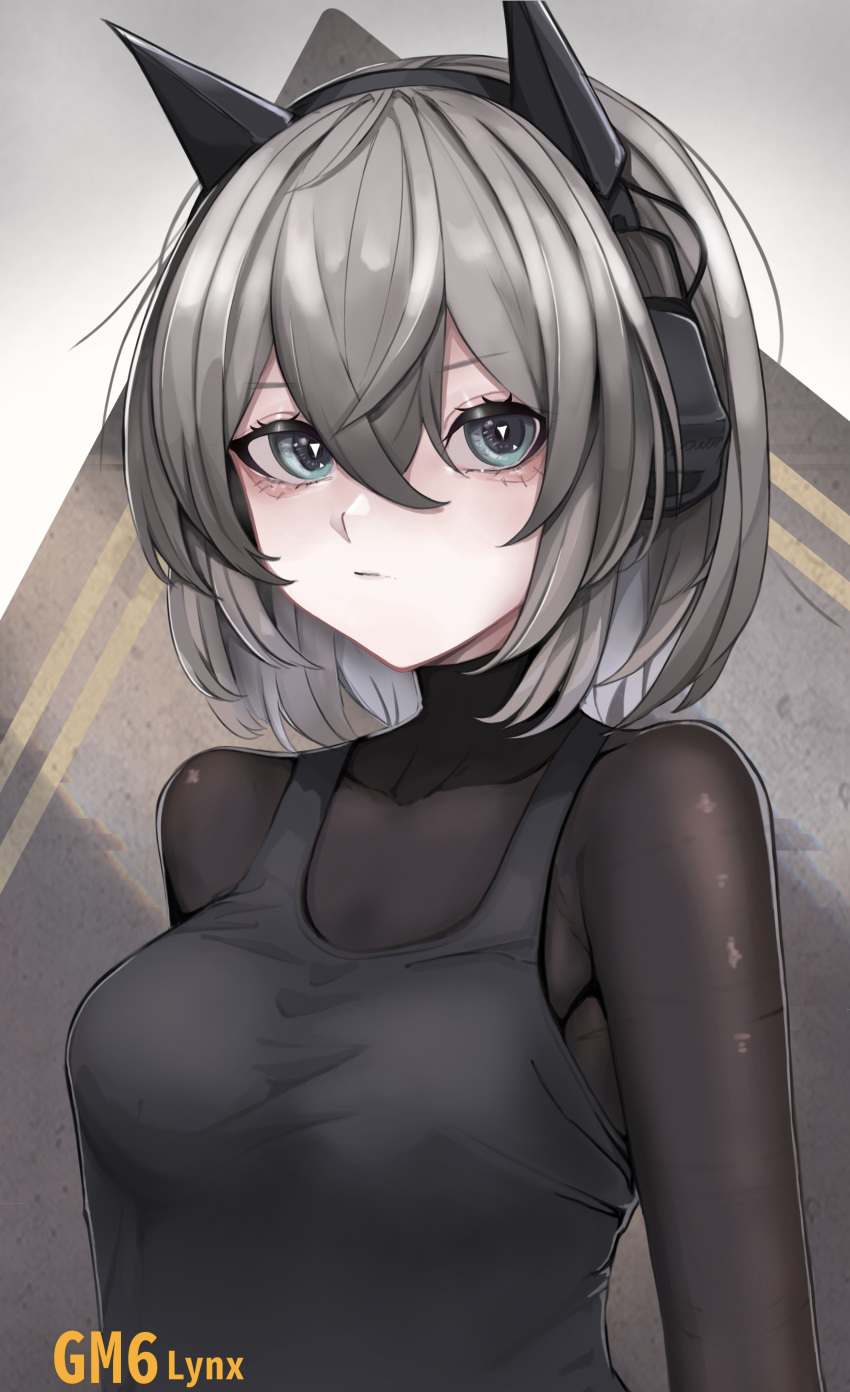 1girl absurdres animal animal_ears black_shirt blue_eyes bodysuit breasts character_name closed_mouth eyebrows_visible_through_hair fake_animal_ears girls_frontline gm6_lynx_(girls_frontline) headphones highres looking_at_viewer medium_breasts medium_hair saiun_sigma shirt silver_hair simple_background solo