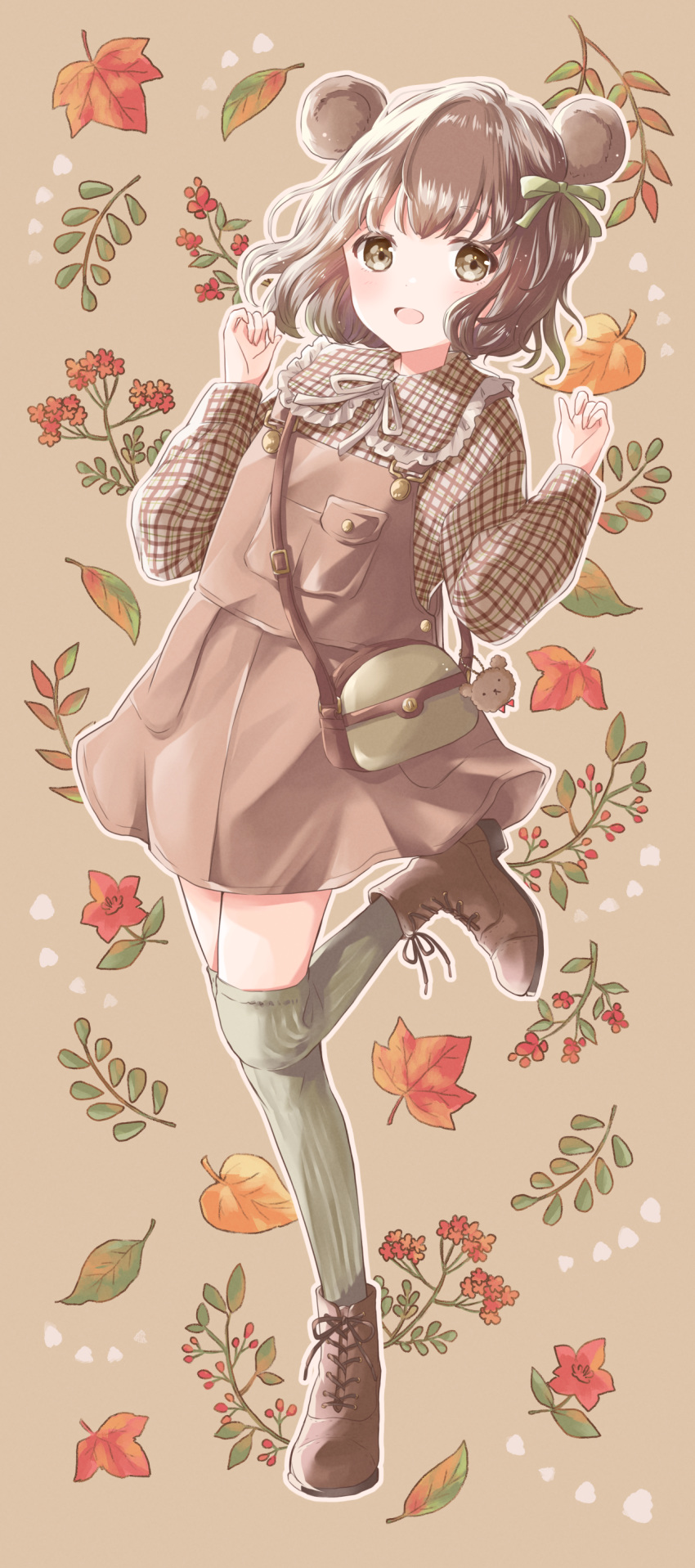 1girl absurdres animal_ears ankle_boots arms_up autumn bag bear_ears boots brown_eyes brown_footwear brown_hair brown_skirt brown_vest charm_(object) commentary_request cross-laced_footwear flower folded_leg full_body green_legwear hair_ribbon handbag highres hoshiibara_mato leaf leaf_background leaning_to_the_side long_sleeves looking_at_viewer maple_leaf open_mouth original outline over-kneehighs plaid plaid_shirt red_flower ribbon shirt short_hair skirt standing standing_on_one_leg thighhighs vest