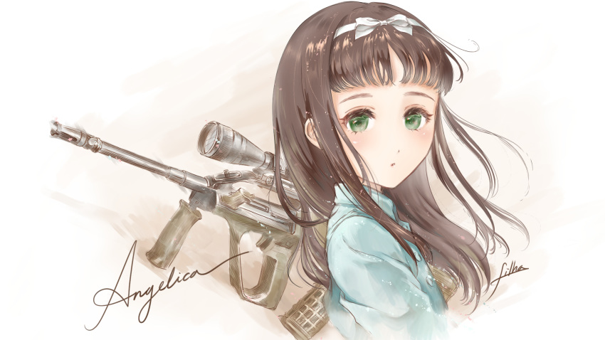 1girl angelica_(gunslinger_girl) assault_rifle brown_hair bullpup character_name filha green_eyes gun gunslinger_girl hair_ribbon highres long_hair ribbon rifle scope signature solo steyr_aug upper_body weapon