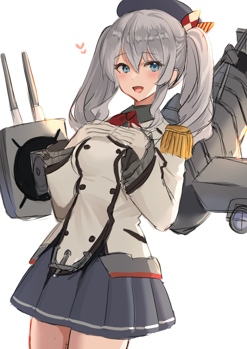 1girl bangs beret blue_eyes blush breasts epaulettes eyebrows_visible_through_hair gloves grey_hair grey_skirt hair_between_eyes hands_on_own_chest hat heart highres kantai_collection kashima_(kantai_collection) long_hair long_sleeves medium_breasts military military_uniform mizuki_eiru_(akagi_kurage) open_mouth pleated_skirt rigging simple_background skirt solo twintails uniform white_background white_gloves