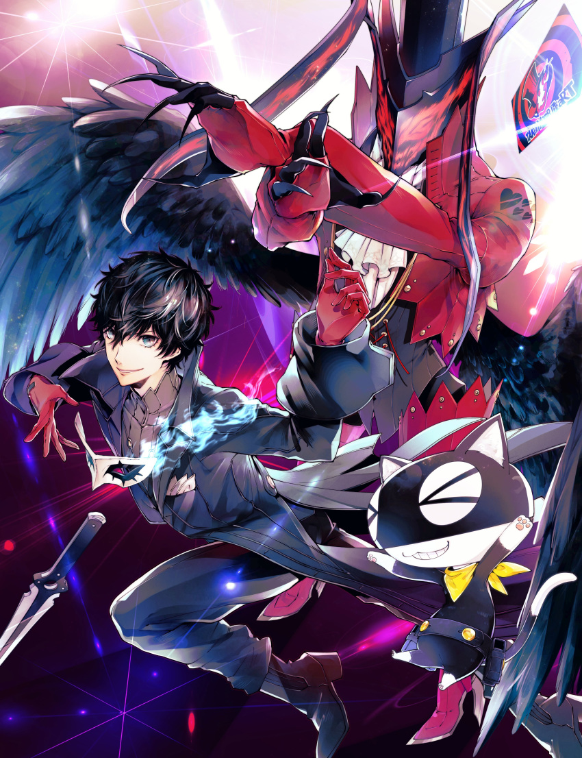 &gt;_&lt; 2boys absurdres amamiya_ren arms_up arsene_(persona_5) bangs black_coat black_eyes black_footwear black_hair black_headwear black_pants black_shirt black_wings card cat claws coat commentary cravat dagger diffraction_spikes feathered_wings gloves grin hair_between_eyes hands_up hat highres long_coat looking_at_viewer male_focus mask morgana_(persona_5) multiple_boys pants persona persona_5 platform_footwear red_coat red_eyes red_gloves shirt short_hair smile top_hat waistcoat weapon white_neckwear wings yellow_bandana yellow_neckwear yuu_(isis7796)