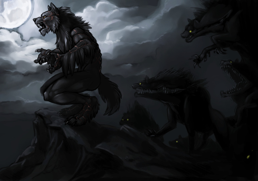 2008 5_fingers airu anthro barefoot biped black_body black_fur black_nose black_tail canid canine canis cheek_tuft claws cloud cloudscape dark_theme digital_media_(artwork) facial_tuft fangs feral finger_claws fingers full_moon fur group hi_res male mammal monster moon night nude open_mouth quadruped sky teeth toe_claws toes tuft were werecanid werecanine werewolf wolf yellow_eyes