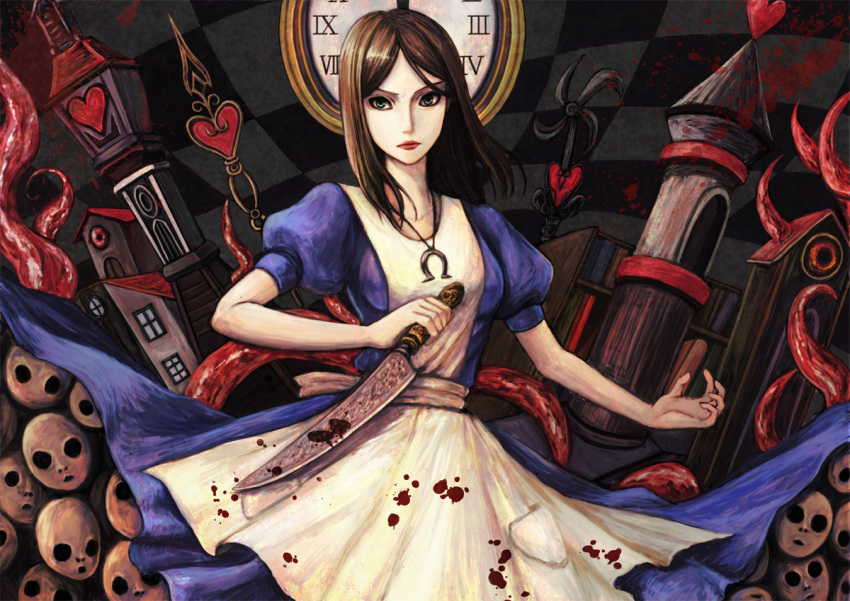 1girl alice:_madness_returns alice_(wonderland) alice_in_wonderland american_mcgee's_alice apron black_hair blood breasts closed_mouth dress green_eyes jewelry jupiter_symbol knife long_hair looking_at_viewer natsume_k necklace