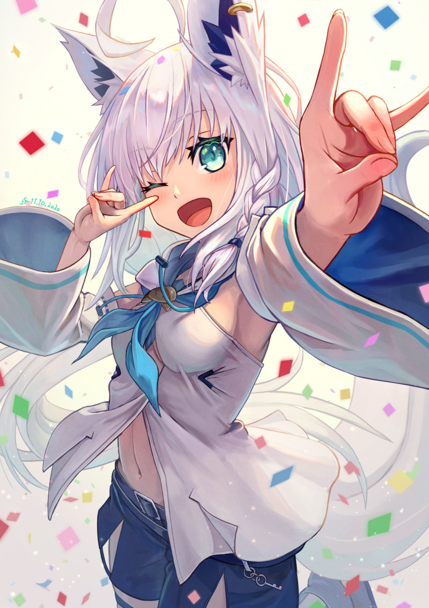 1girl :d ;d ahoge animal_ear_fluff animal_ears aqua_eyes aqua_neckwear armpits bangs belt black_belt black_shorts blush braid breasts commentary_request confetti cowboy_shot dated detached_sleeves double_fox_shadow_puppet drawstring ear_piercing eyebrows_visible_through_hair fox_ears fox_shadow_puppet fox_tail hair_between_eyes happy highres hololive hood hood_down long_hair looking_at_viewer medium_breasts navel neckerchief one_eye_closed open_mouth partially_unbuttoned piercing ponytail shirakami_fubuki shirt short_shorts shorts side_braid sidelocks signature simple_background sleeveless sleeveless_shirt smile solo standing standing_on_one_leg tail underboob virtual_youtuber white_background white_hair white_shirt white_sleeves wide_sleeves yudoufu_(unify)