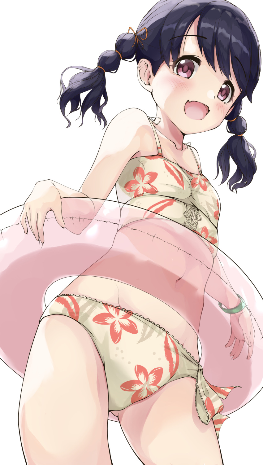 1girl :d absurdres ass_visible_through_thighs bangs bare_arms bare_shoulders bikini black_hair blush braid breasts cleavage collarbone commentary_request eyebrows_visible_through_hair fangs floral_print fukumaru_koito highres idolmaster idolmaster_shiny_colors innertube kuroba_aki long_hair looking_at_viewer navel open_mouth print_bikini red_eyes simple_background small_breasts smile solo standing swimsuit transparent twin_braids twintails white_background white_bikini