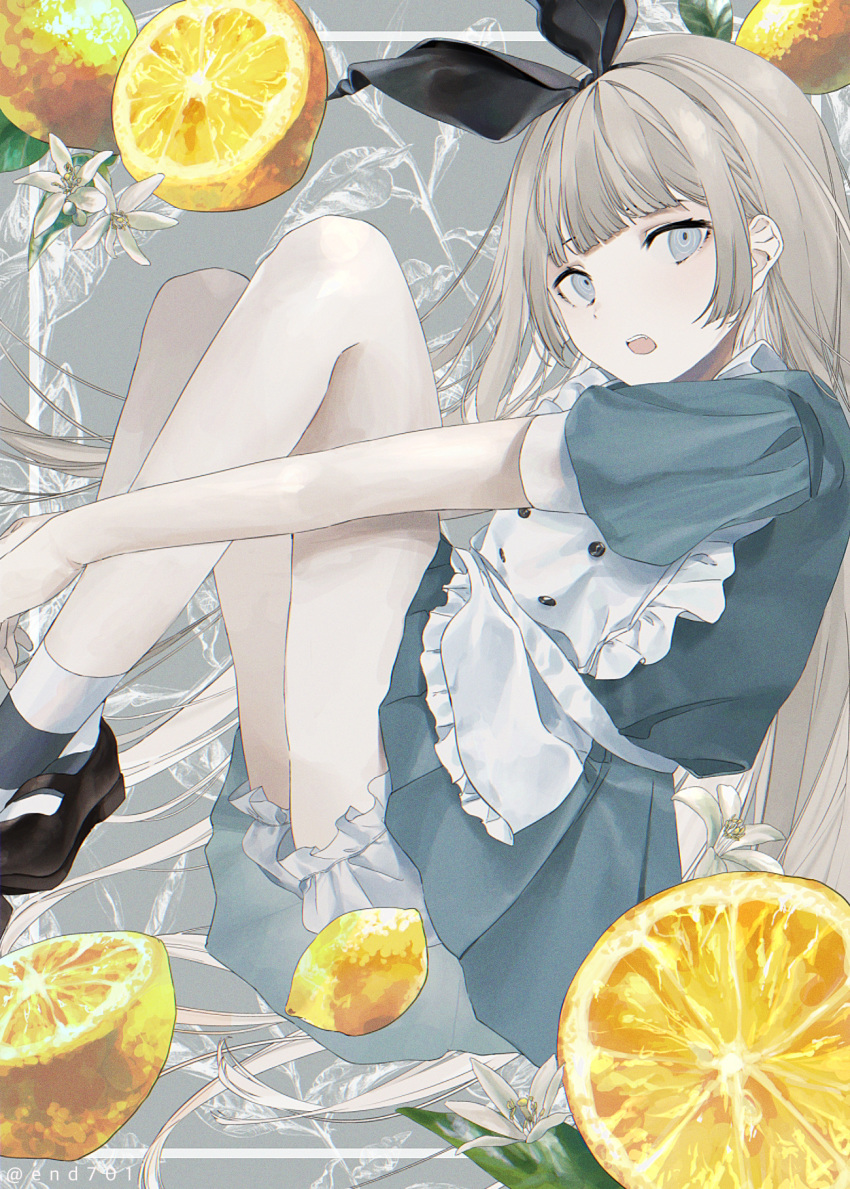 1girl alice_(wonderland) alice_in_wonderland black_bow blue_eyes bow floating food fruit grey_hair hair_bow highres koru_(end_701) lemon long_hair looking_at_viewer open_mouth original solo very_long_hair