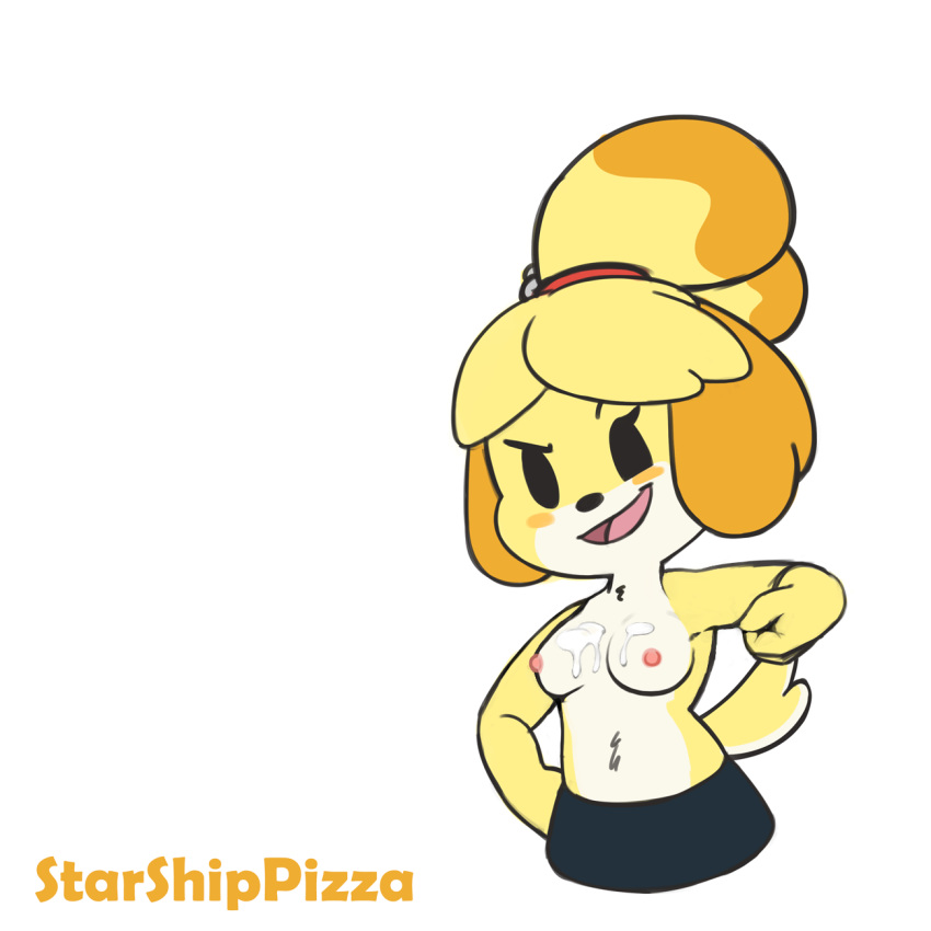 1:1 animal_crossing anthro bodily_fluids breasts canid canine canis cum cum_on_breasts domestic_dog edit female genital_fluids hi_res isabelle_(animal_crossing) mammal nintendo nude pencil_skirt smile smug solo solo_focus starshippizza video_games