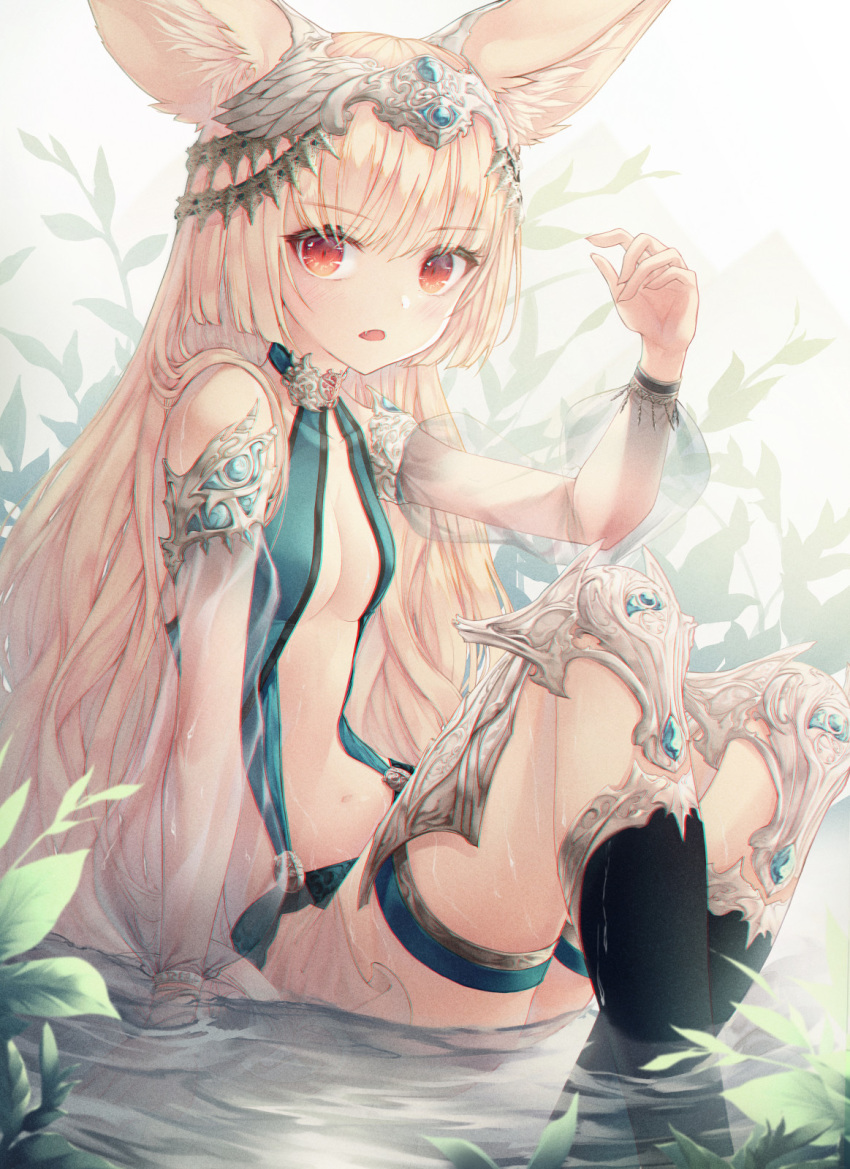1girl animal_ears arm_support bare_shoulders black_legwear blonde_hair bracelet breasts cleavage commentary fang fox_ears greaves h2o_(dfo) hand_up highres jewelry kneehighs knees_up long_hair looking_at_viewer navel open_mouth original red_eyes revealing_clothes see-through_sleeves sitting small_breasts solo stomach symbol_commentary thigh_strap thighs very_long_hair water wet