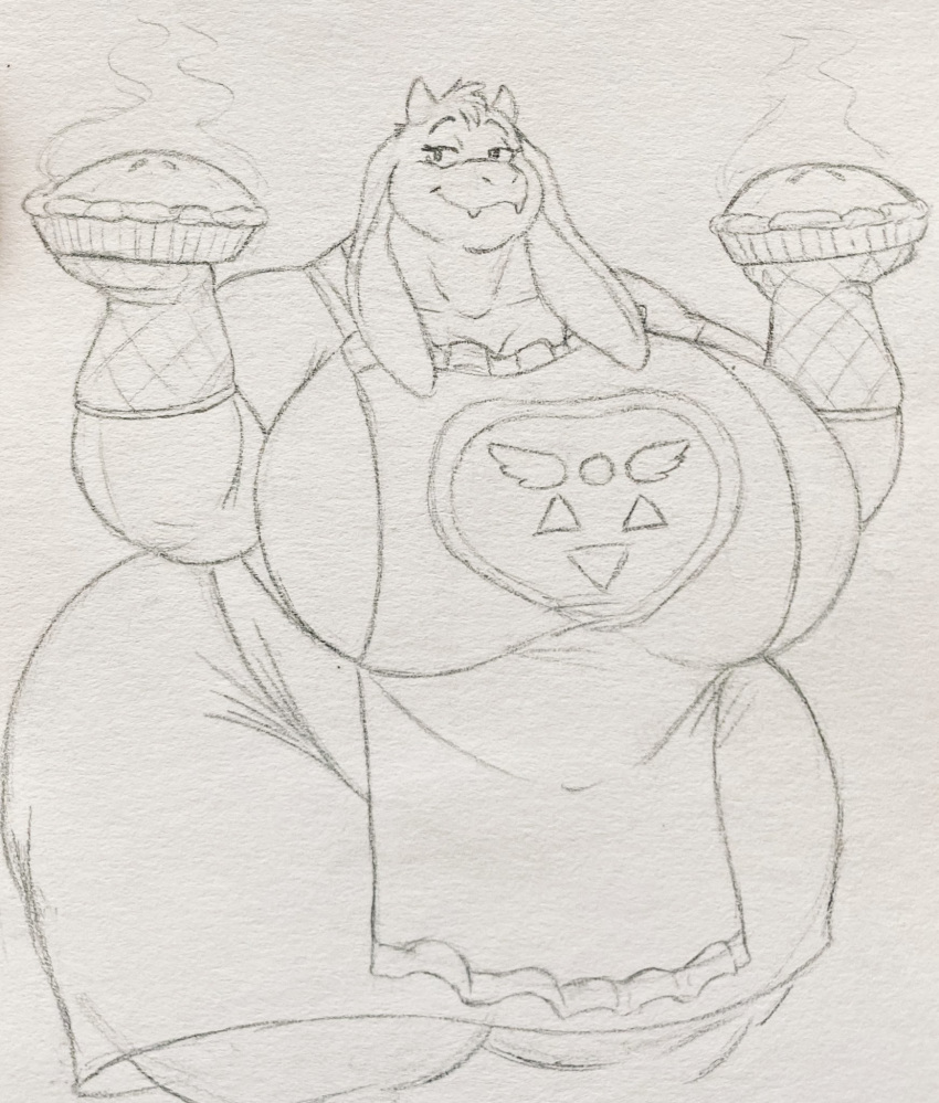 2020 anthro apron big_breasts black_and_white breasts cleavage clothed clothing delta_rune_(emblem) dessert dress eon54 eyebrows eyelashes fangs female floppy_ears food handwear head_tuft hi_res holding_object horn huge_breasts huge_thighs hyper hyper_breasts hyper_thighs looking_aside monochrome oven_mitts overweight overweight_female pie portrait raised_eyebrows sketch smile solo standing steam symbol thick_thighs three-quarter_portrait tight_clothing toriel tuft undertale video_games wide_hips