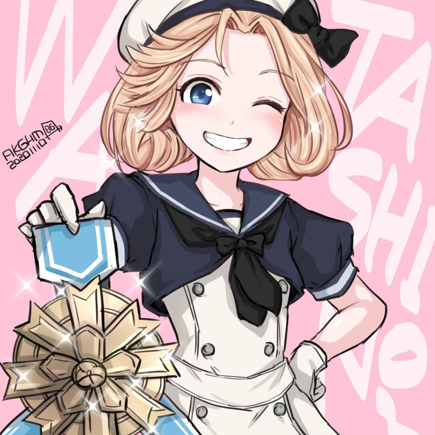 1girl artist_name background_text bangs black_neckwear blonde_hair blue_eyes blue_sailor_collar dated dress gloves grin hamu_agaki hat highres janus_(kantai_collection) kantai_collection medal parted_bangs pink_background romaji_text sailor_collar sailor_dress sailor_hat short_hair smile solo white_dress white_gloves white_headwear