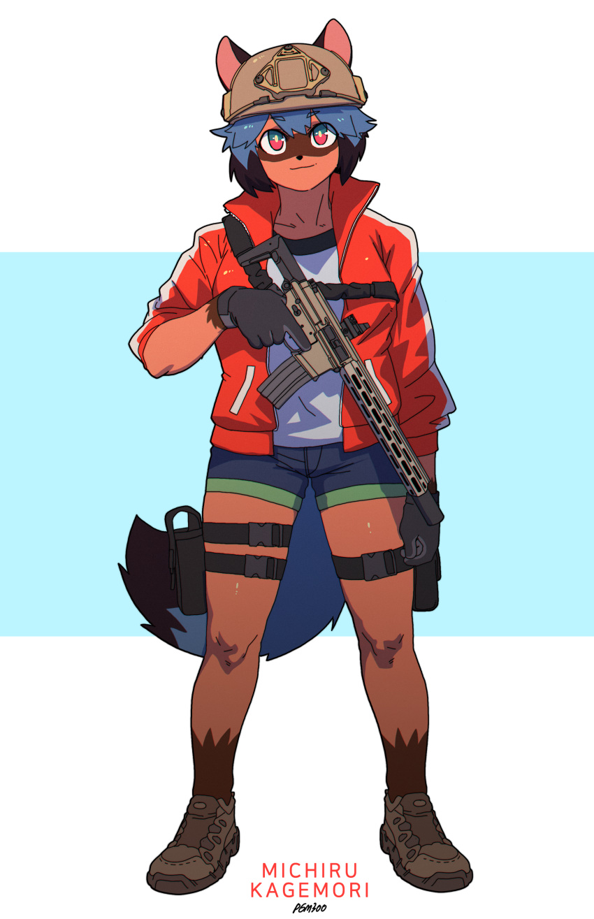 2020 absurd_res anime anthro black_body black_fur black_hair blue_body blue_eyes blue_hair bottomwear brand_new_animal brown_body brown_fur canid canine clothed clothing female fluffy fluffy_tail footwear fur gloves hair handwear hat headgear headwear hi_res holding_object holding_weapon holster jacket looking_at_viewer mammal michiru_kagemori multicolored_body multicolored_eyes multicolored_fur multicolored_hair pgm300 pink_eyes raccoon_dog shirt shoes short_hair shorts solo studio_trigger tanuki topwear trigger_discipline weapon