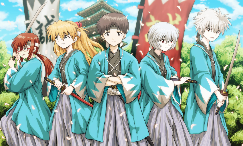 2boys 3girls amai_yadoraki ayanami_rei hakama haori highres ikari_shinji japanese_clothes katana kimono kyoto long_hair makinami_mari_illustrious multiple_boys multiple_girls nagisa_kaworu neon_genesis_evangelion police scarf shikinami_asuka_langley shinsengumi short_hair short_kimono sleeveless sleeveless_kimono sleeves souryuu_asuka_langley sword uniform weapon white_kimono white_scarf