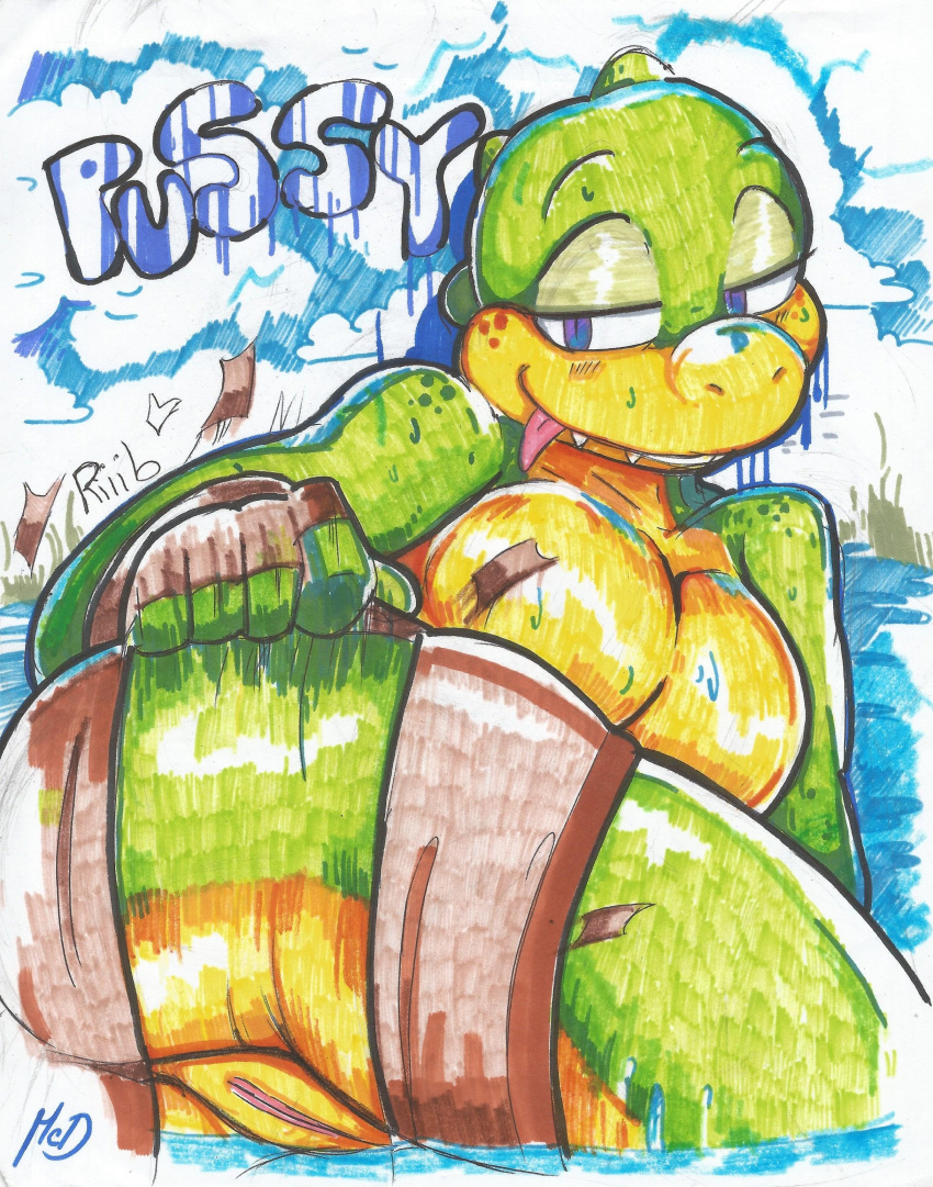 absurd_res anthro crocodile crocodilian crocodylid female genitals green_body hi_res mcdave19 pussy reptile scalie solo sydney_swamp_(vimhomeless) traditional_media_(artwork)