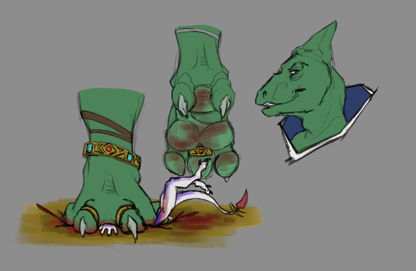 ahastar ahastar_(artist) ambiguous_gender ankle_wraps anklet anthro blood bodily_fluids chameleon crush death dinosaur dirt dirty_feet dromaeosaurid duo hi_res hybrid jewelry lizard macro micro reptile scalie soles sovrim_terraquian stomping theropod trampling