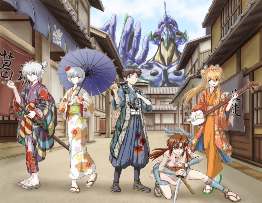 2boys 3girls amai_yadoraki ayanami_rei floral_print flower hair_flower hair_ornament hakama highres ikari_shinji japanese_clothes katana kimono kimono_skirt long_hair makinami_mari_illustrious multiple_boys multiple_girls nagisa_kaworu neon_genesis_evangelion obi print_kimono sash shikinami_asuka_langley short_kimono souryuu_asuka_langley sword weapon yukata