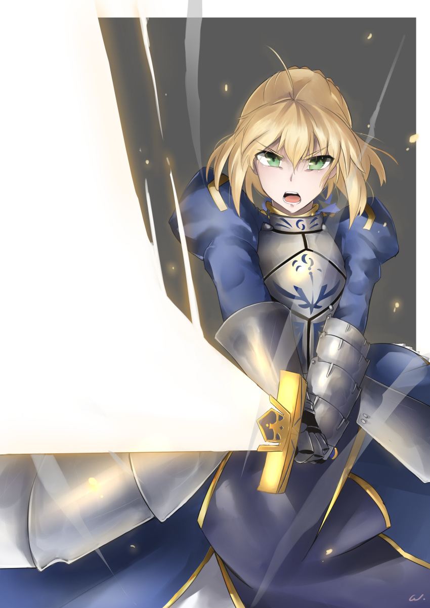 1girl absurdres ahoge armor armored_dress artoria_pendragon_(all) attack blonde_hair blue_dress border bracer braid breastplate brown_background cinders cowboy_shot dress excalibur fate/stay_night fate_(series) french_braid gauntlets glowing glowing_sword glowing_weapon gold_trim green_eyes highres holding holding_sword holding_weapon motion_blur open_mouth saber short_hair_with_long_locks shouting sidelocks simple_background solo sparks sword weapon white_border zaniaii